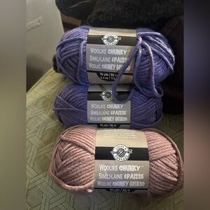 3 skeins Loops & Threads Woolike Chunky yarn, #8 Rose and #9 Lavender